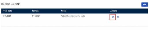 Partial image of the Authorization page showing the Blackout Dates section with sample data and the Edit icon highlighted under Actions at right